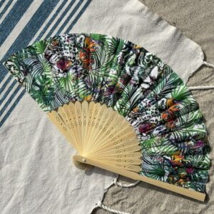 Éventail personnalisé en tissu à motifs léopards et fleurs tropicales