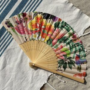 Éventail personnalisé en tissu à motifs colibris et fleurs tropicales