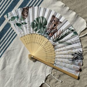Éventail personnalisé en tissu à motif tropical jaguar et girafe