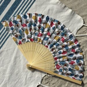 Éventail personnalisé en tissu à fleurs jaunes, bleues et rouges