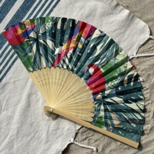 Éventail personnalisé en tissu au motif tropical perroquets