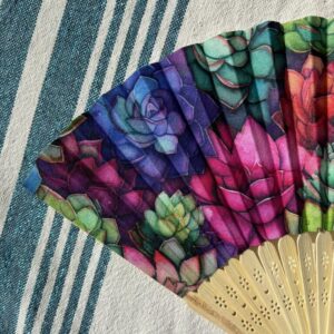 Éventail personnalisé en tissu au motif succulentes multicolores