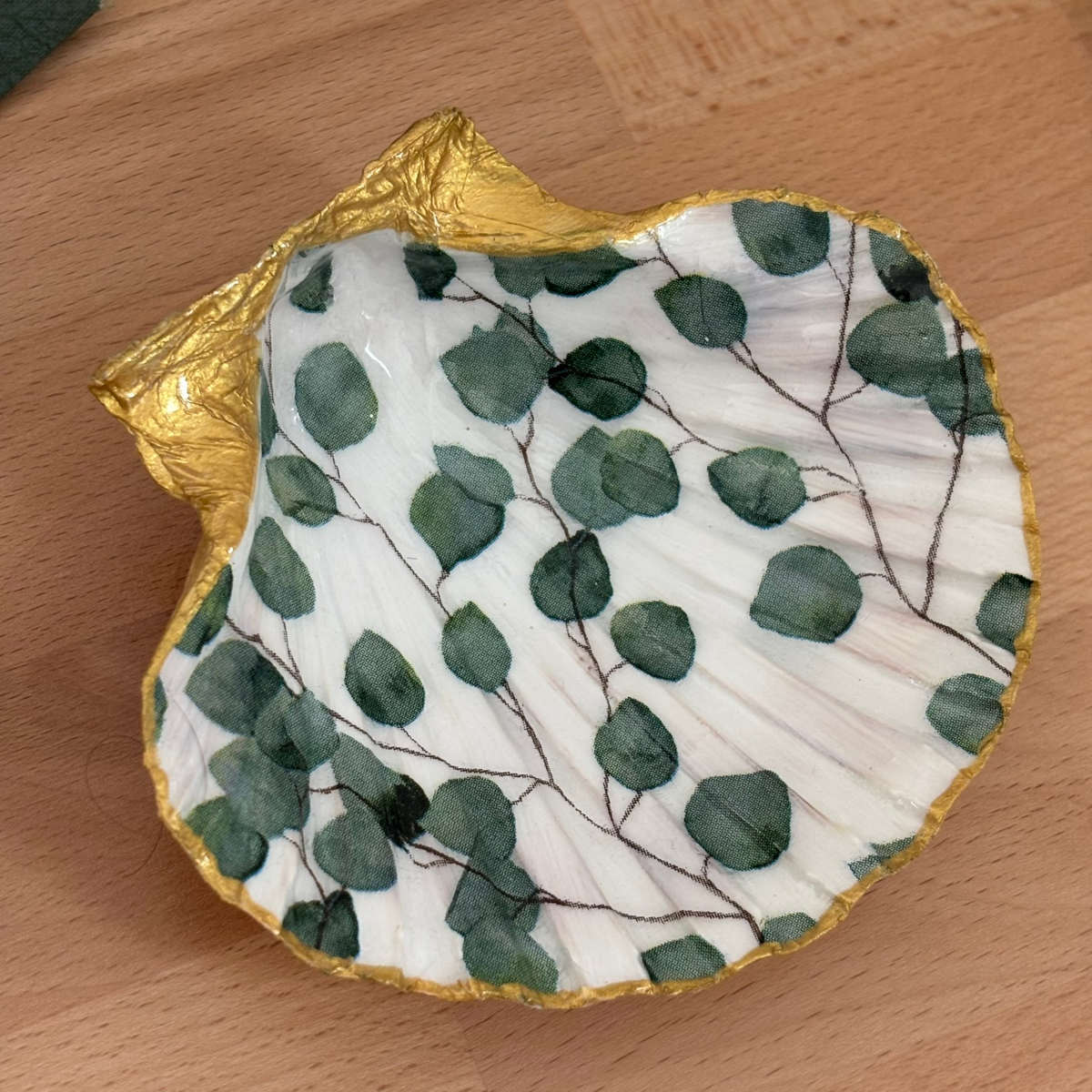 Vue du dessus Repose bijoux original coquillage eucalyptus vert sauge vu du dessus.