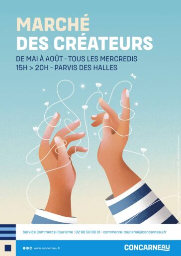 Affiche du marché de créateurs à Concarneau – tous les mercredis de mai à août de 15h à 20h sur le Parvis des Halles