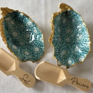 Vue rapprochée des coquilles turquoise vides avec cuillères en bois Sel et Poivre