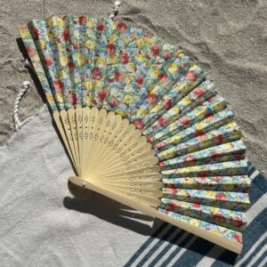 Éventail original motifs tulipes en tissu et bambou