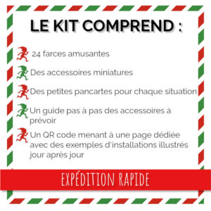Contenu du kit lutin farceur : 24 farces, accessoires, pancartes, guide et QR code, expédition rapide