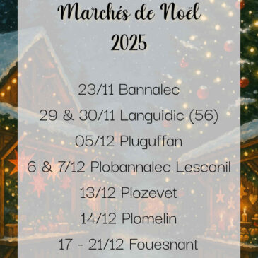 Tatakréa – Marchés de Noël 2025 en Finistère et Morbihan : dates et lieux des marchés artisanaux où découvrir mes créations de Noël en bois, tissu et coquillages.