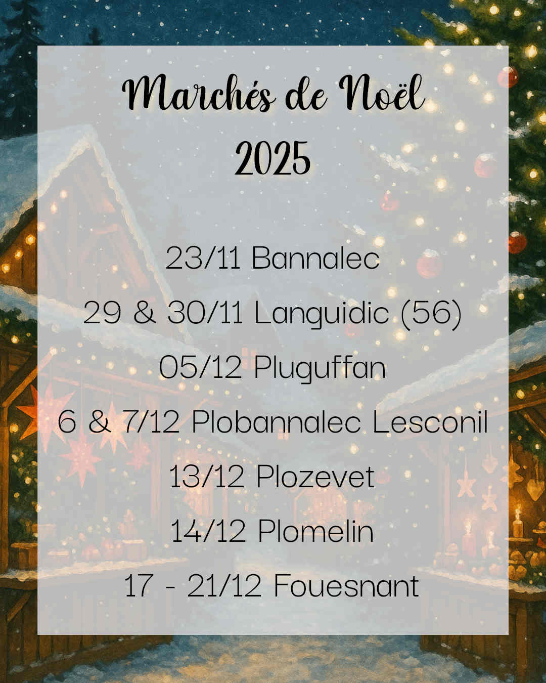 Tatakréa – Marchés de Noël 2025 en Finistère et Morbihan : dates et lieux des marchés artisanaux où découvrir mes créations de Noël en bois, tissu et coquillages.