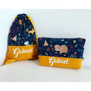 Ensemble sac enfant personnalisé et trousse assortie prénom Gabriel