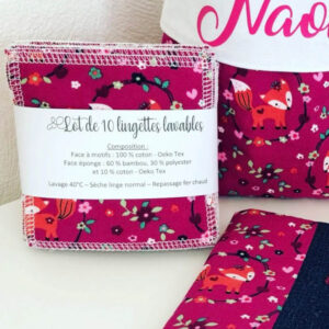 Lot de 10 lingettes lavables en coton et bambou à motifs renards, confectionnées à la demande en Bretagne