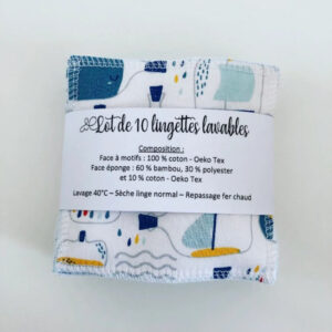 Lingettes lavables en coton et bambou à motif graphique bleu, réutilisables pour le visage