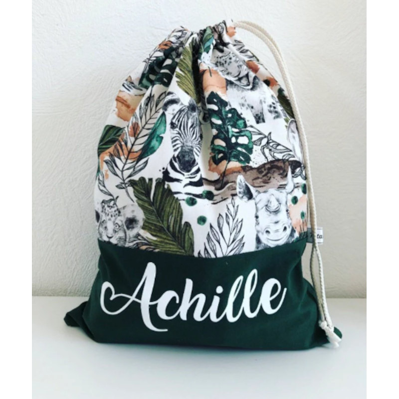 Sac personnalisé enfant avec prénom – tissu à motifs animaux Sac personnalisé enfant avec prénom Achille, tissu safari