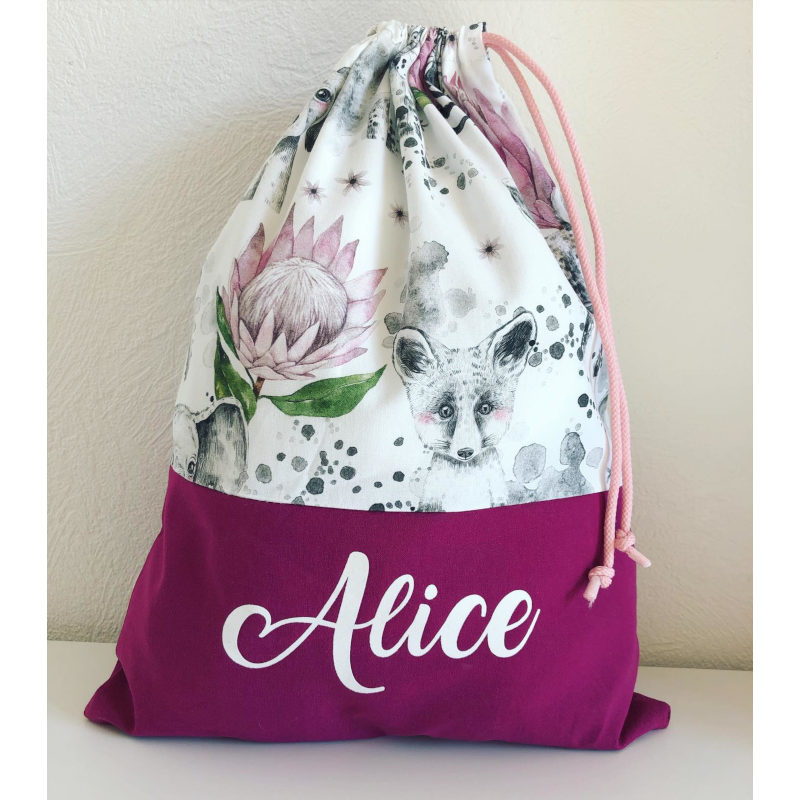 Sac personnalisé enfant en tissu avec prénom Alice, motif renard