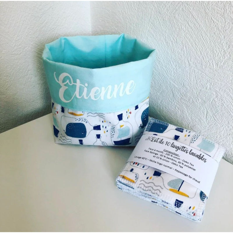 Un ensemble pratique et personnalisé pour le quotidien de bébé. Panier à lingettes personnalisé Étienne avec lot de lingettes lavables assorties