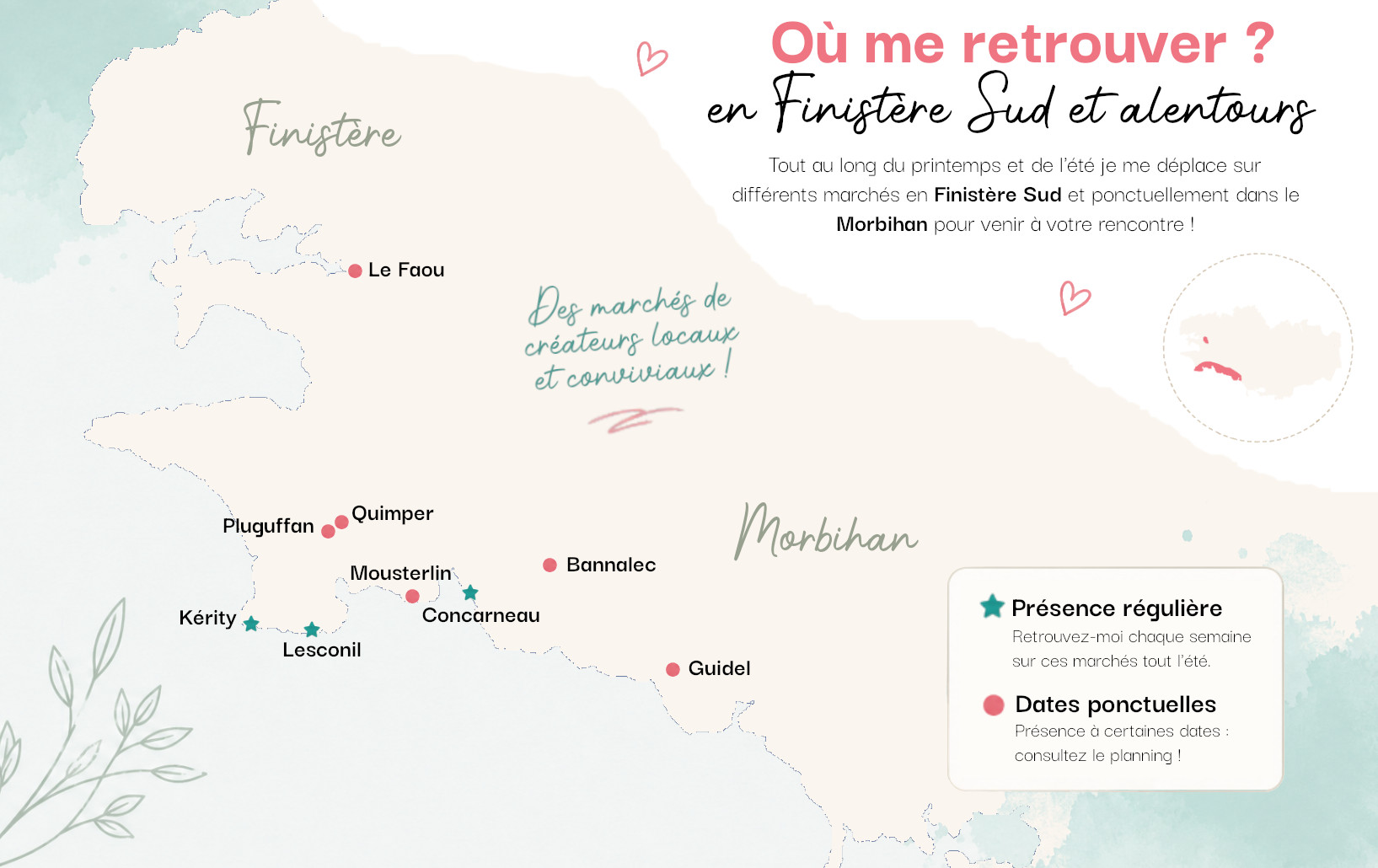 Carte des marchés d’été en Finistère Sud avec les villes où retrouver Tatakréa