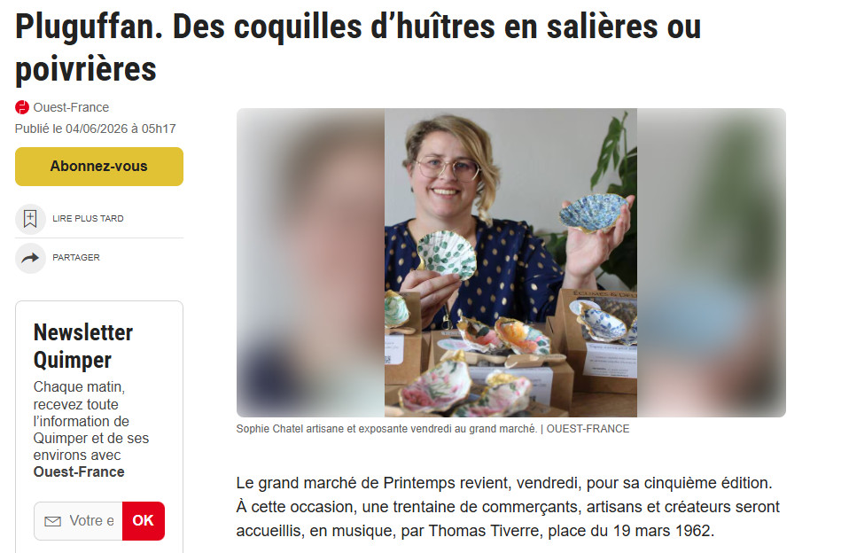 Capture d'écran de l'article Ouest-France consacré à la collection Écumes & Délices de Tatakréa, réalisée à partir de coquilles d'huîtres.