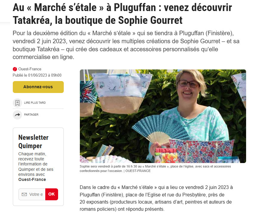 Capture d'écran de l'article Ouest-France présentant Tatakréa et les créations artisanales de Sophie Gourret lors du Marché s'étale de Pluguffan en 2023.